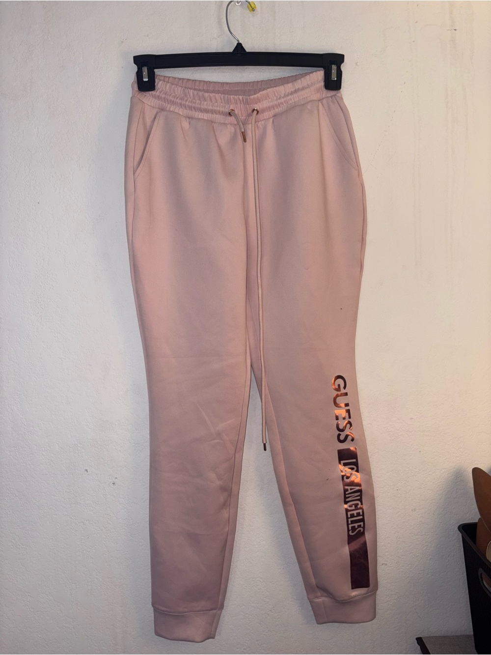 Guess Men's Light Pink Logo Joggers with Metallic Accent